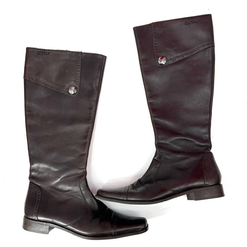 Vintage Esprit‎ Square Toe Brown Leather Boots Size 6.5 Y2K Retro Academia
